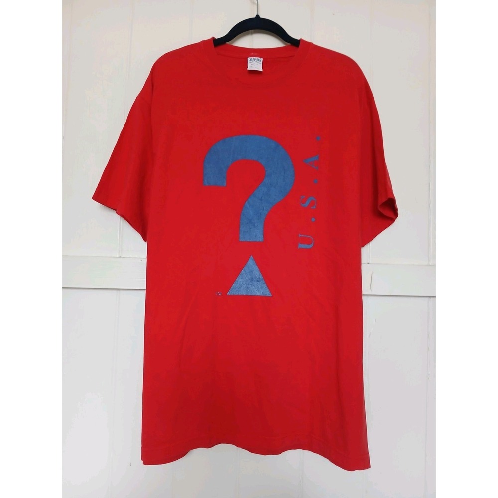 Vintage GUESS? Spellout Graphic T Shirt Mens‎ L Red Cotton Made USA Short Sleeve